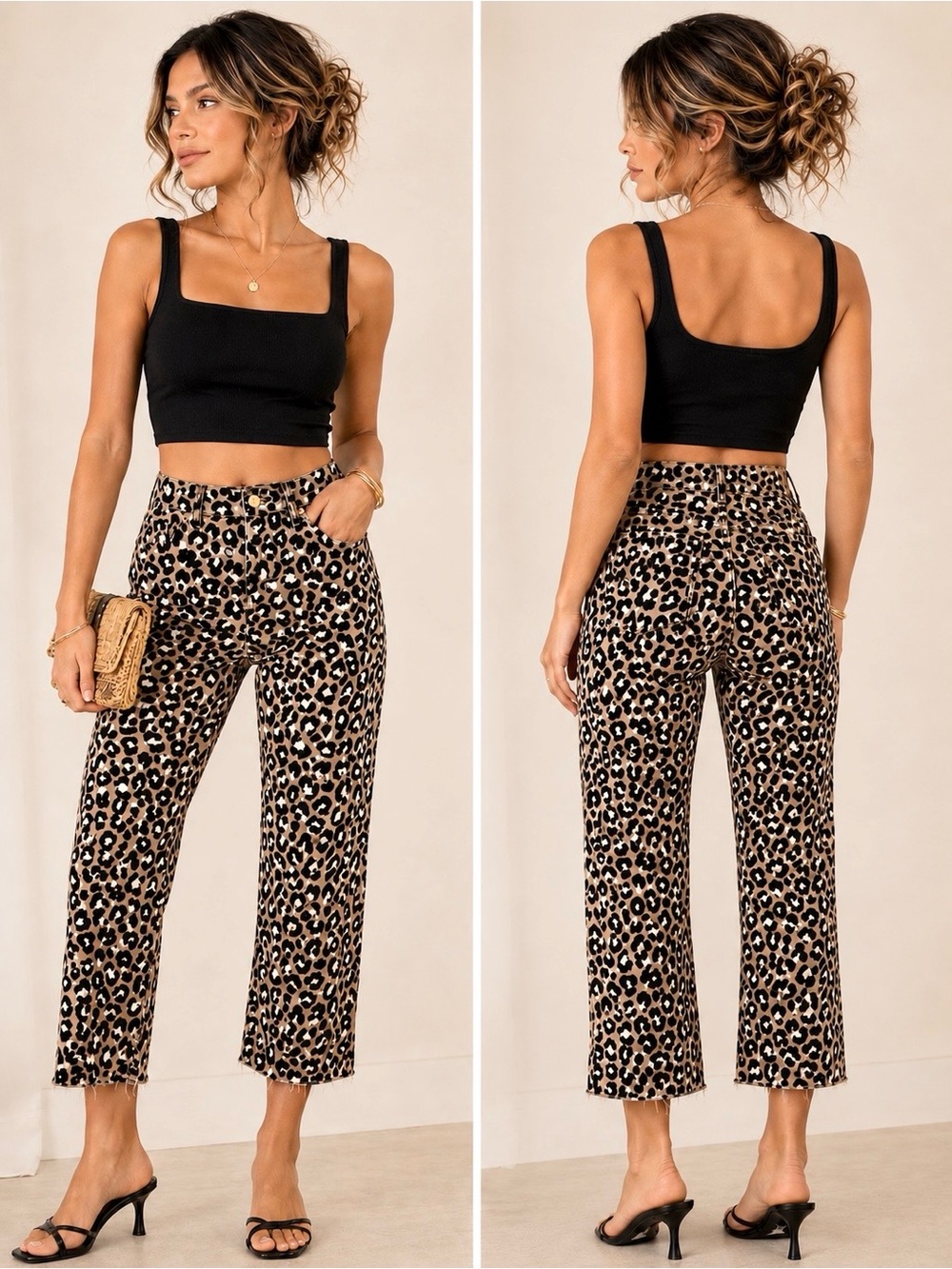 NWT Michael Kors Selma Leopard Print High-Rise Jeans - straight leg Beige Black